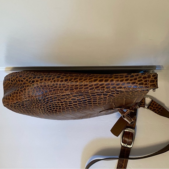 LONGCHAMP BAG CROSSBODY SHOULDER BROWN CROC LOOK LEATHER ZIP TOP SILVER HARDWARE - Picture 7 of 14